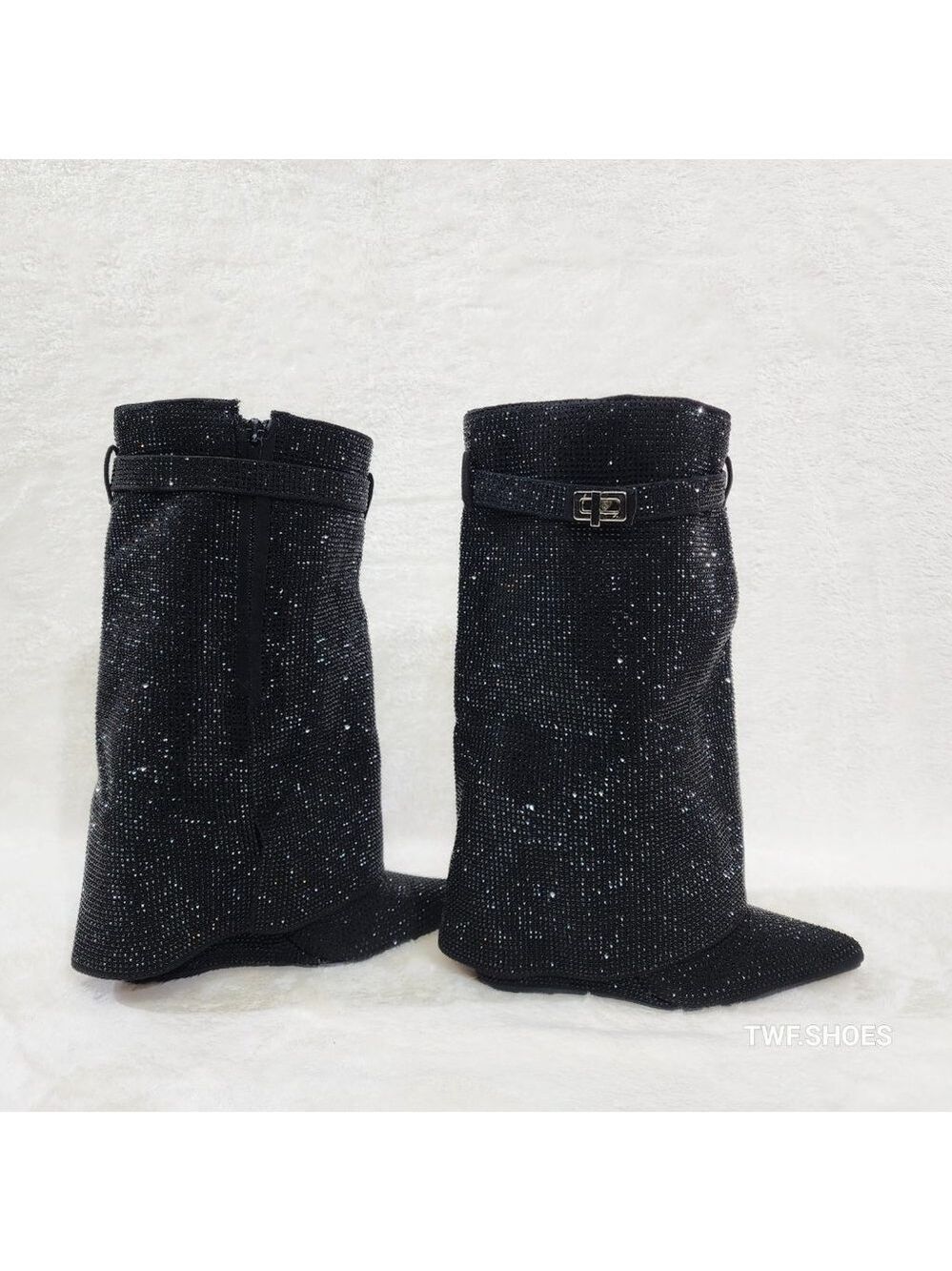 Betty Sparkling Black Rhinestone Fold Over Calf Boots 4.5" Wedge Heels